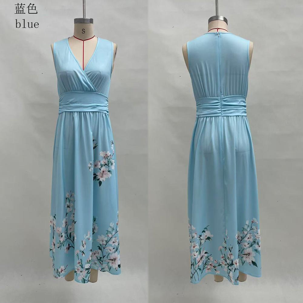 Europäische und amerikanische Damenbekleidung Digitaldruck Blume Langarm V-Ausschnitt Faltenkleid Damen langes Kleid