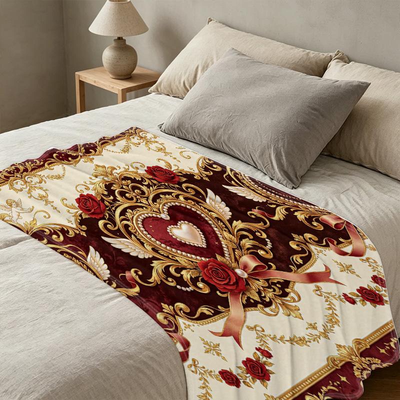 Luxury Court-Style Flannel Fleece Blanket Rose & Heart Pattern, Machine Washable, Soft Warm Throw for Home, Office Nap, Perfect Valentine's Gift
