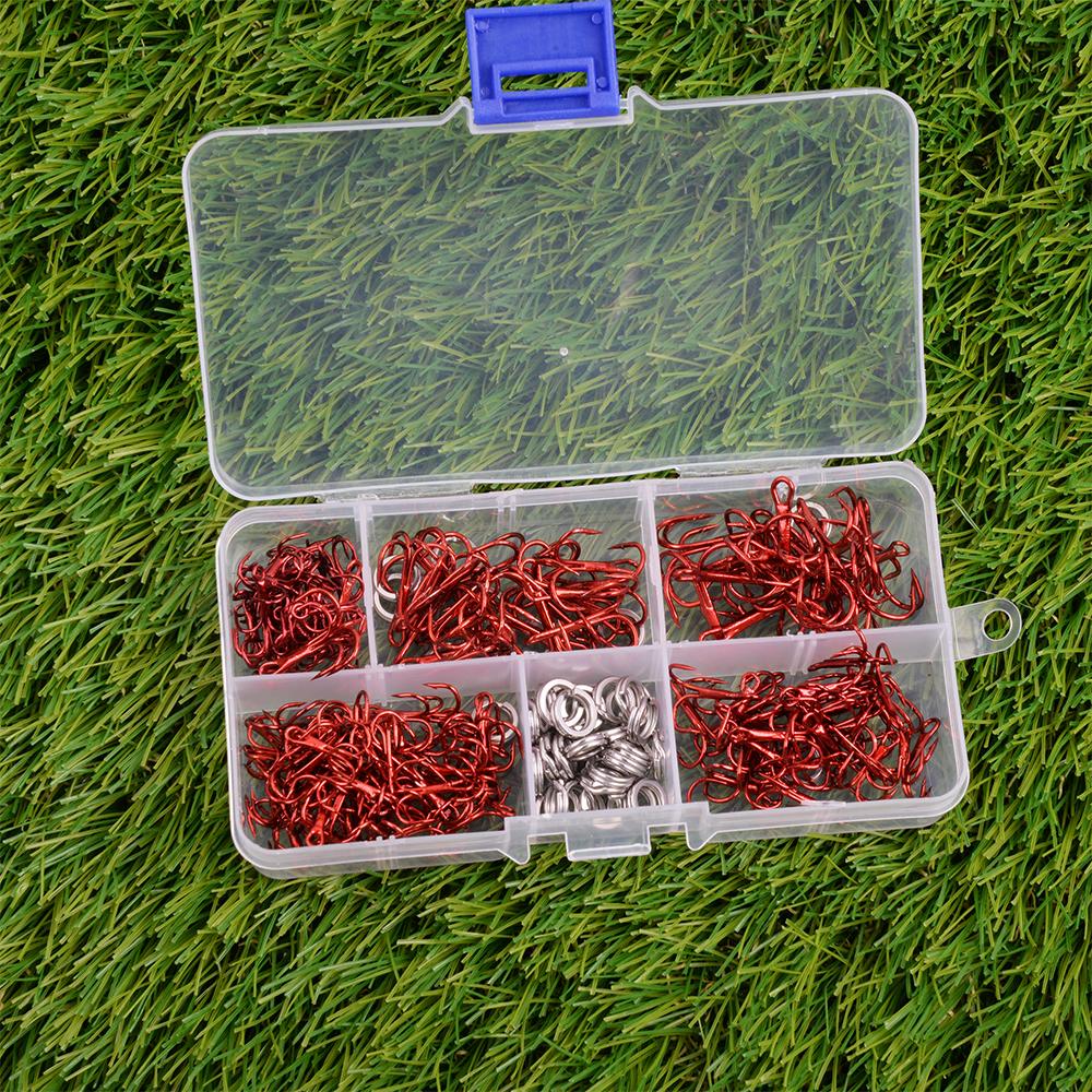 200Pcs Fishing Treble Hooks Kit High Carbon Steel Red Treble Fishing Hooks with Split Rings for Catfish Saltwater Freshwater