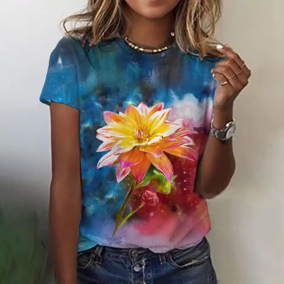 Women's Floral Themed 3d T-Shirts Floral Botanical T-Shirts Oversized Basic Short Sleeve Tops Fashionable Summer Clothes for Women