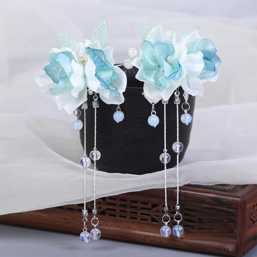 1 Pair Vintage Hair Clips For Women Chinese Style Gauze Flower Tassel Hairpins Handmade Elegant Hanfu Floral Hair Accessories