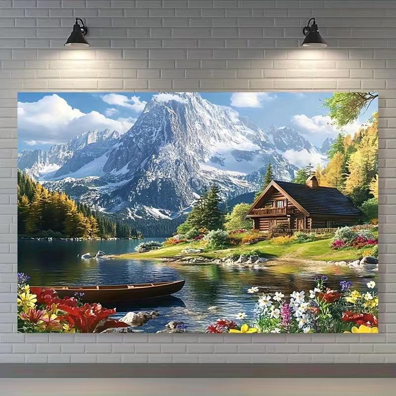 2D Serene Mountain Lake Cabin Photography Background