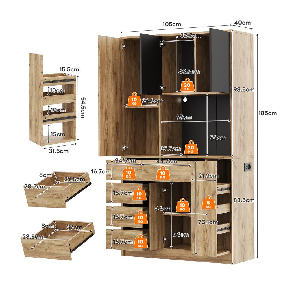 Mobile da Cucina con Scaffale Verticale Estraibile a 4 Piani per Spezie, Ripiani Regolabili, Illuminazione a LED con Telecomando e Presa, 185 × 105 × 40 cm.