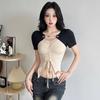Fake Two-piece Contrasting Chain V-neck Short-sleeved T-shirt Women's Summer American Spice Girl Lace-up Irregular Slim-fit Short Top