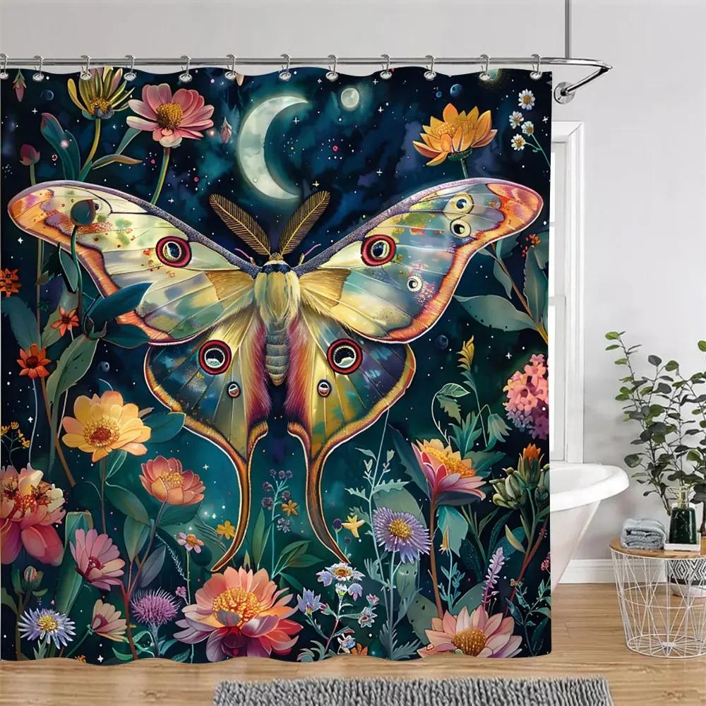 Bohemian Vintage Butterfly Shower Curtain Botanical Floral Astrological Insects Polyester Fabric Shower Curtains Bathroom Decor