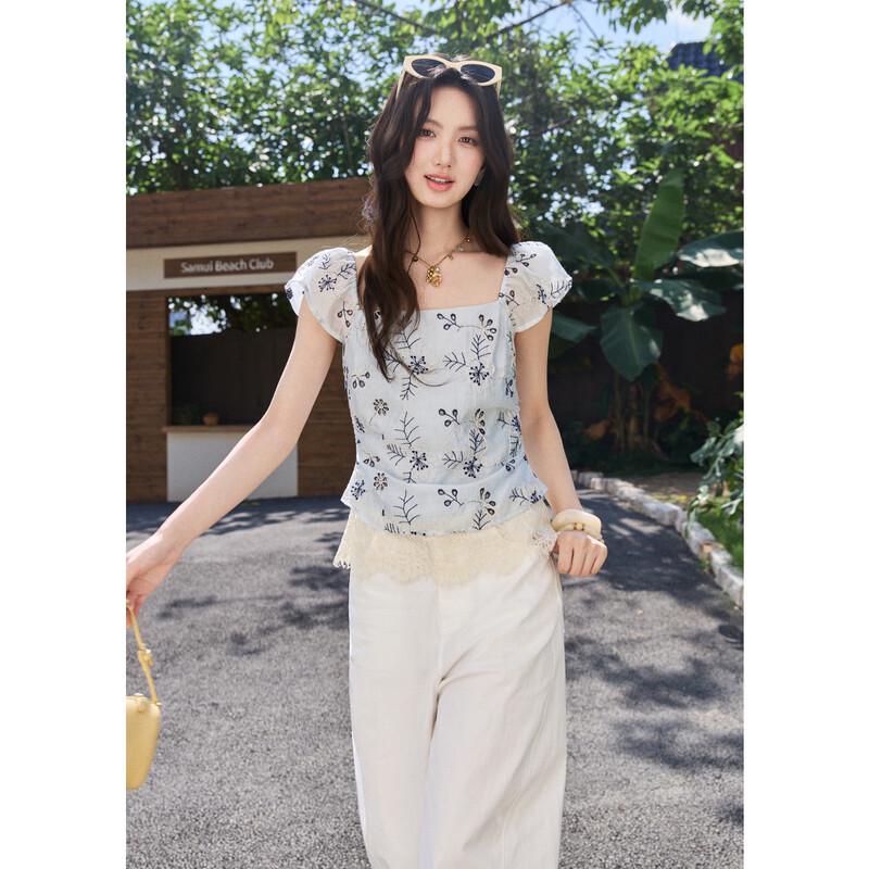 French Retro Embroidered Tencel Blouse