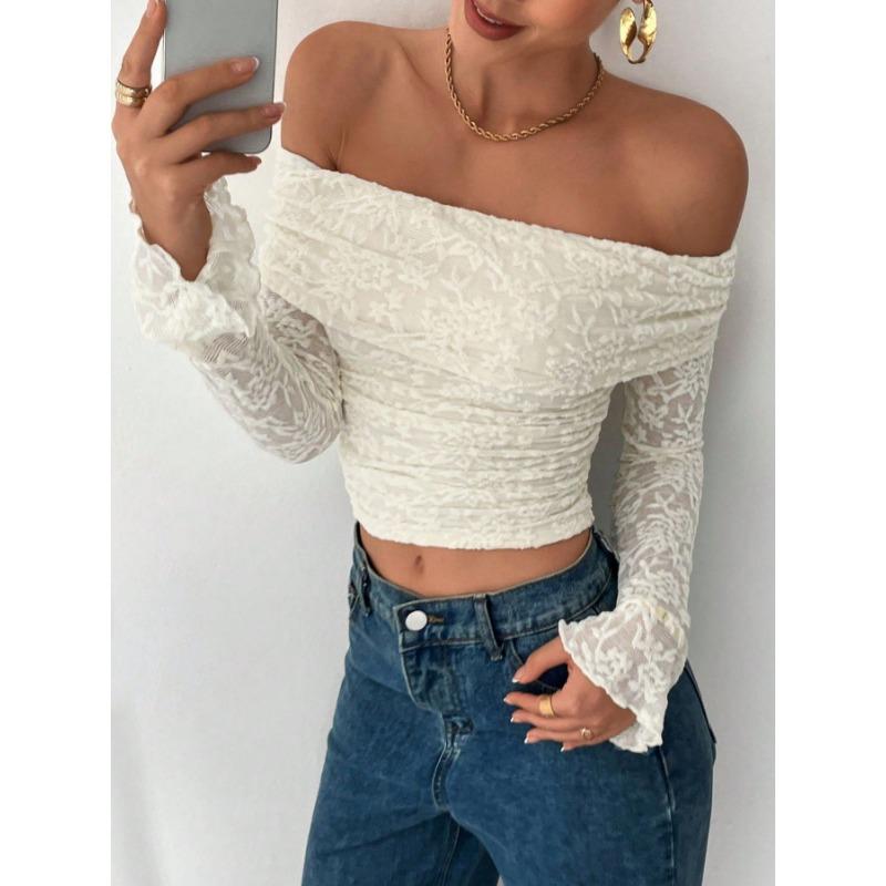 Off Shoulder Slim Fit Lace Crop Tops Fashion Spring Summer Solid Color Long Sleeve Blouse Hollow Out Sexy Short Shirt Streetwear Casual Sweet Clothing