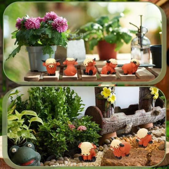 Mini-Hochlandrinder-Figuren Handgefertigte Harz-Miniatur-Rinderstatue Niedliche Bauernhoftier-Skulptur für Haus, Garten, Büro, Schreibtisch Dekor DIY Mikro-Landschaft