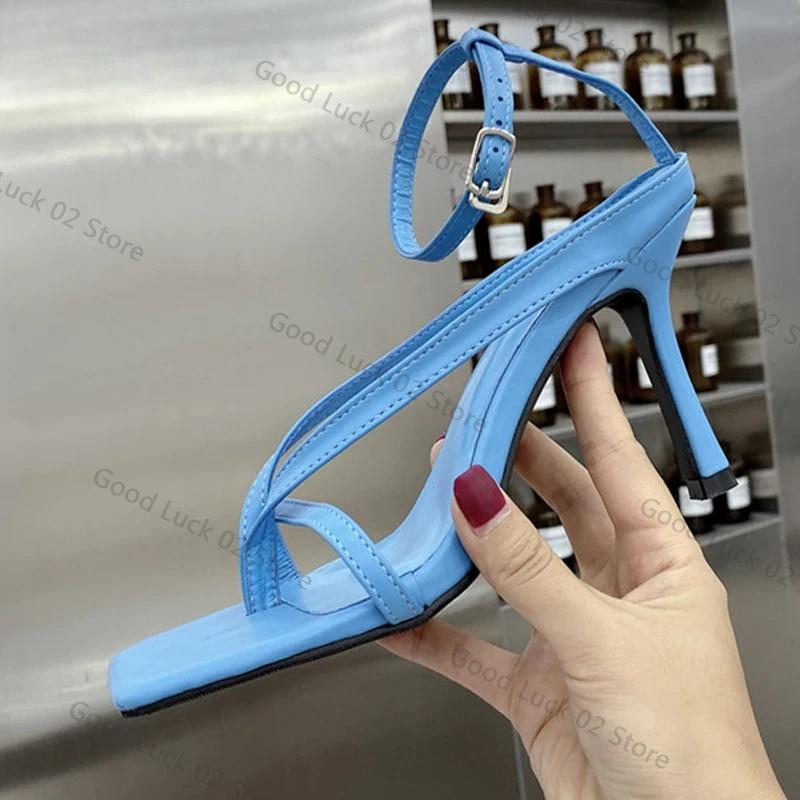 Fashion 2025 New Fashion Pinch Narrow Band Women Sandals 2025 Summer Square Open Toe Ankle Buckle Strap High Heels Ladies Shoes