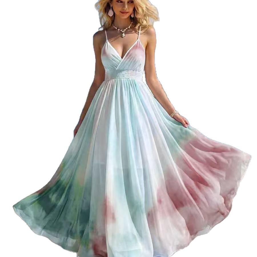European and American Women's Clothing Is Hot, Sexy Babes Fashion Print Halter Pleated Long Dress, Vacation Dress