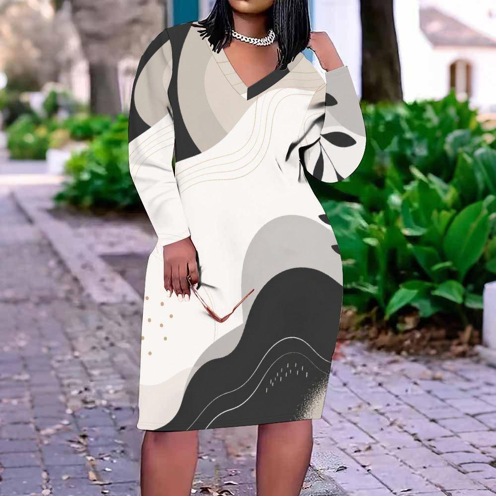 Women Plus Size V Neck Long Sleeve Abstract Printed Fitted Straight Dress