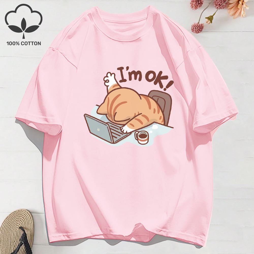 

Women T-Shirts Summer Fun Cat I M Ok Printing T Shirt Comfortable Soft O-Neck Tops Holiday Casual Womans Clothes XL рожевий