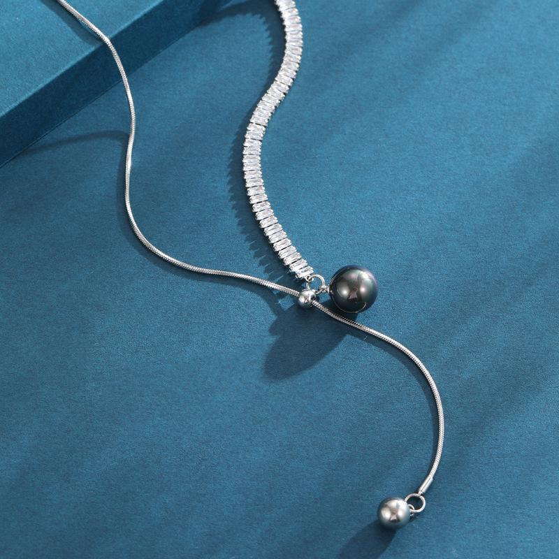 Pullable Flash Diamond Pearl Long Necklace Light Luxury Niche 2024 Design Sense Advanced Collarbone Chain Neck Chain Tide