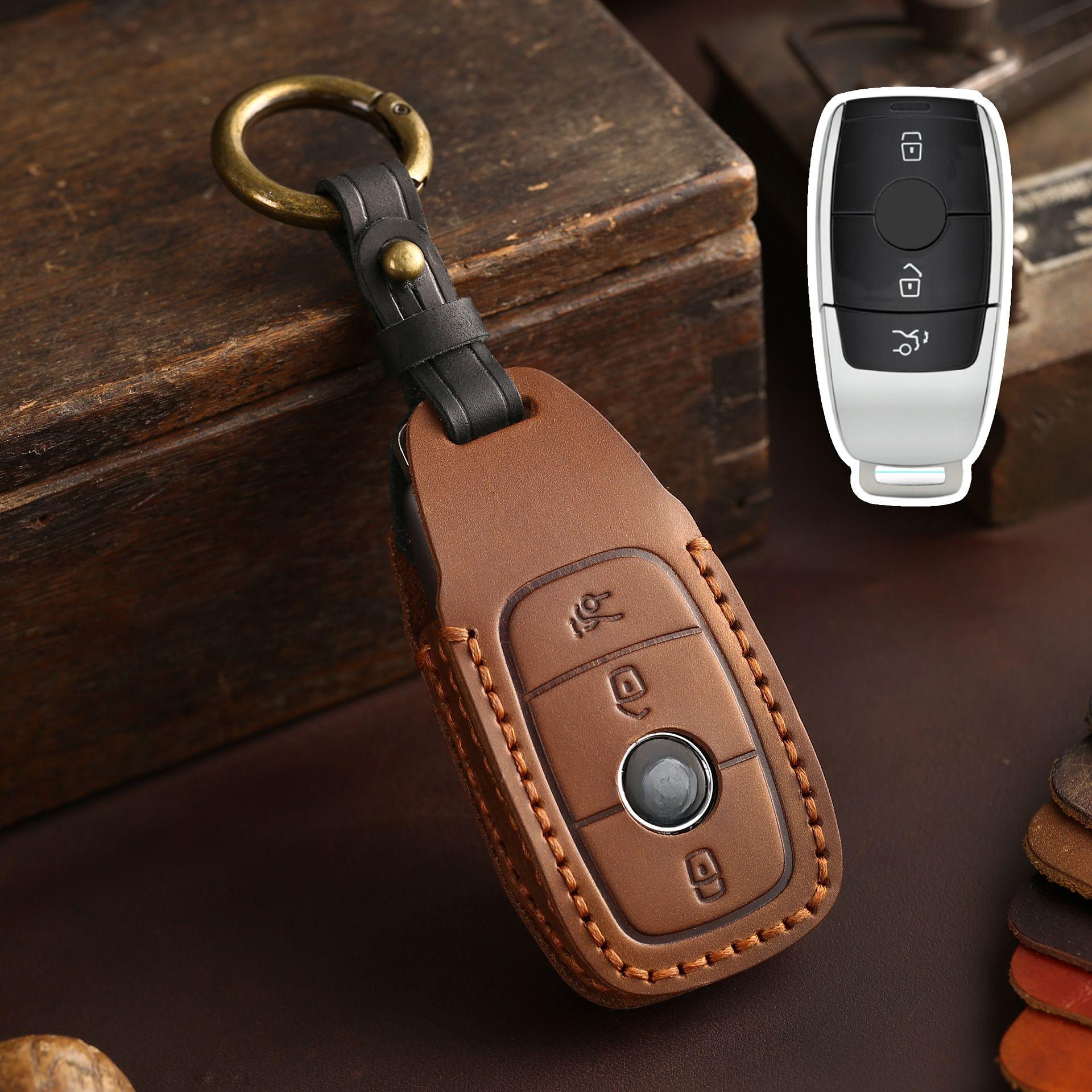 

Leather Car Key Cover Keychain Holder Case Protector for Mercedes Benz A C E S Class W221 W177 W205 W213 Remote Shell Accessorie коричневий