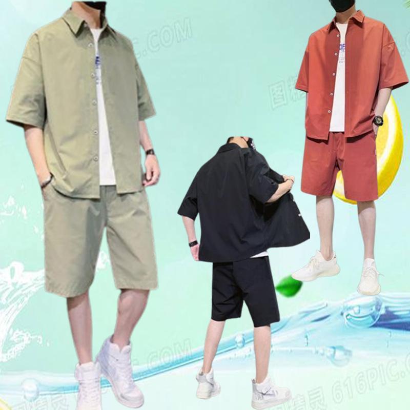 Herr sommarset Skjorta och Shorts 2 Delar Sportset Casual Sportkläder Kortärmade Skjortor Snygga Harajuku Pojke Y2K Kläder