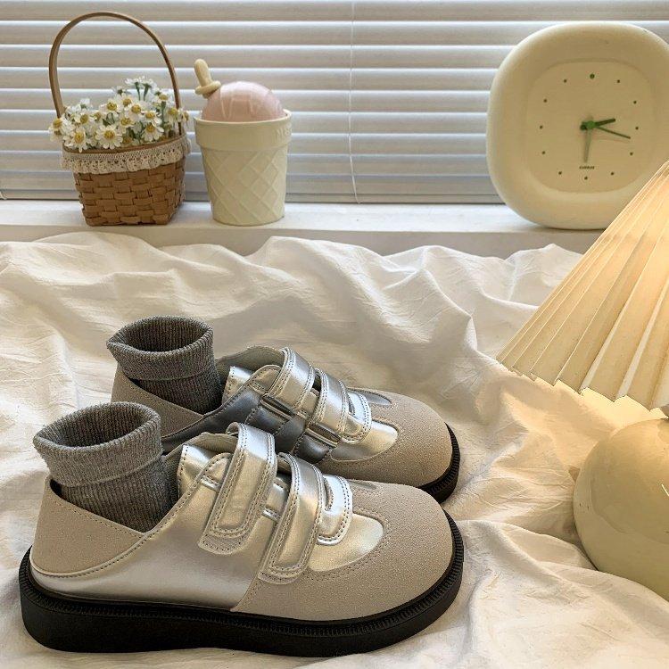 

2024 autumn new retro Velcro German training shoes silver thick sole heightening Velcro casual sports single shoes women 35 серебряный