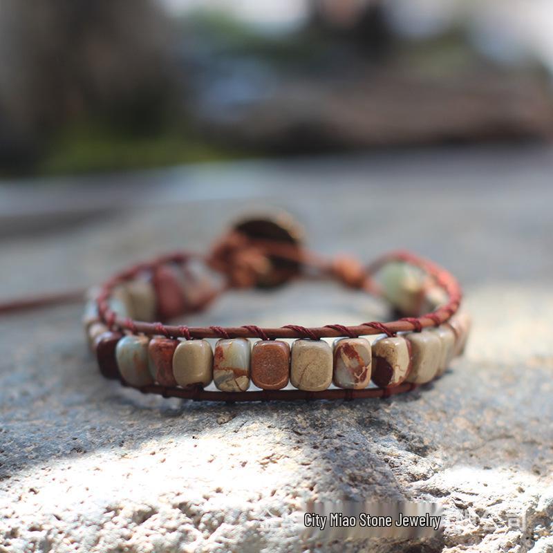 Freeform Shoushan Stone 5x7 Emperor Leather Woven Bohemian Bracelet