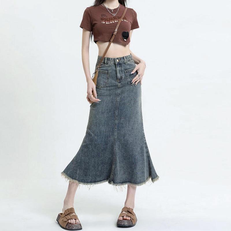 Vintage Old Half-body Skirt Denim Skirt Female Package Hip Design Sense Raw Edge Fishtail Skirt In Long Summer Comfortable Fashion Denim Bustier Skirt