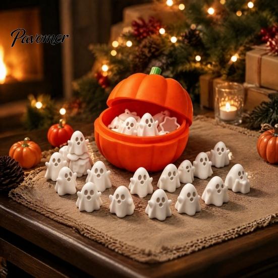 Holiday Party Decorations Pumpkin Bucket with Mini Ghosts, Halloween Candy Bowl, Cute Ghost Spooky Supplies Figurines, Snack Holder for Farmhouse Home
