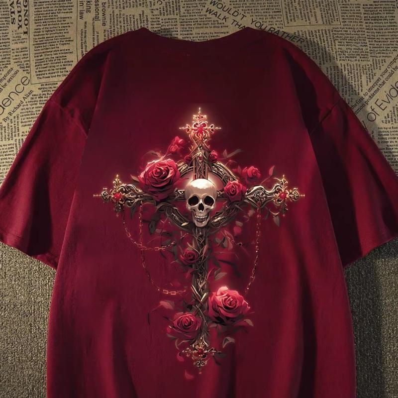 

Тяжелая футболка с коротким рукавом для мужчин Осень Череп Крест Свободная С рукавом до локтя Повседневная Универсальная S красный