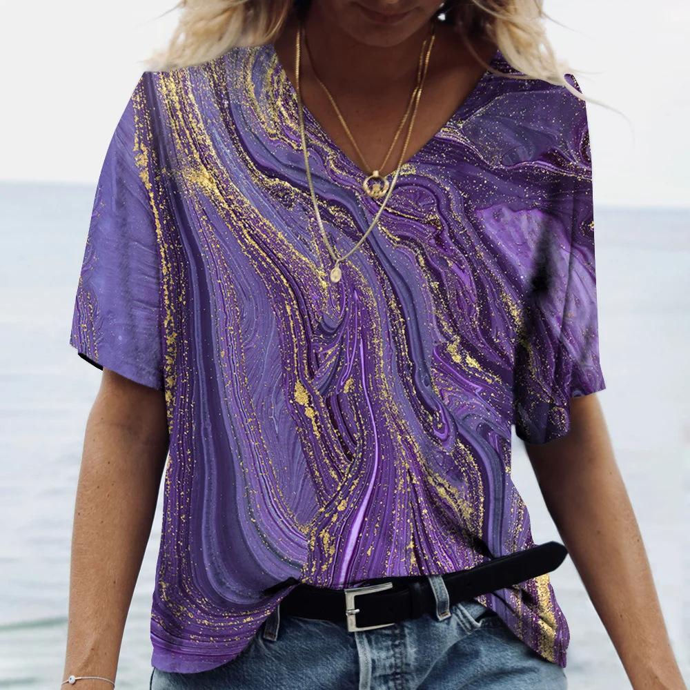 Summer V-neck 3D Marble Pattern Printed Top Fashionable Casual Short Sleeved Women's T-shirts