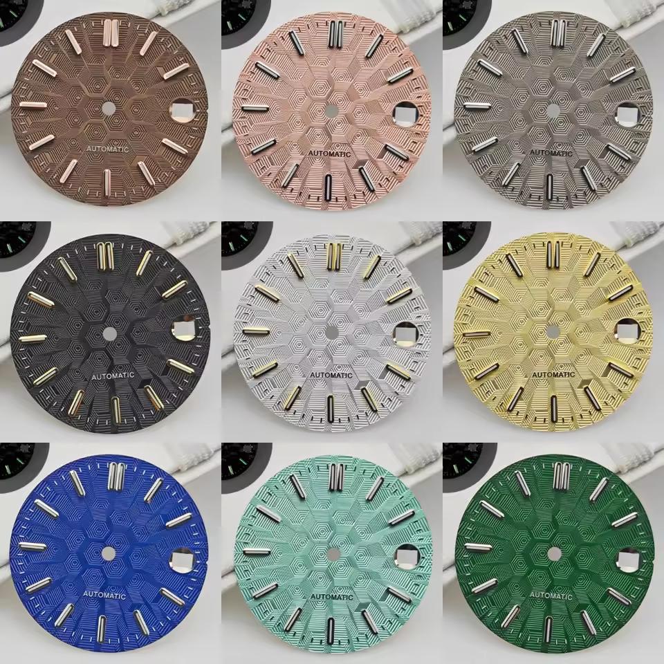 NH35 Watch Dial and Watch Hands 28.5mm Geometric Shapes Texture Dial Green Luminous Watch Accessories for NH35 NH36 Movement