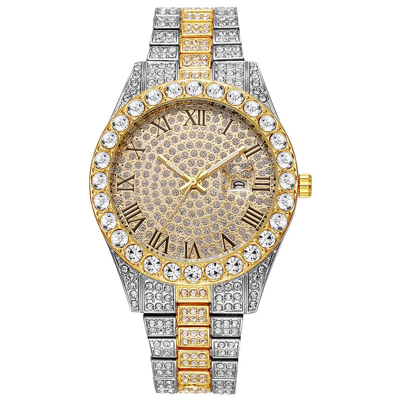 

2025 Hip Hop Style Diamond Steel Band Quartz Watch with Calendar - Unisex