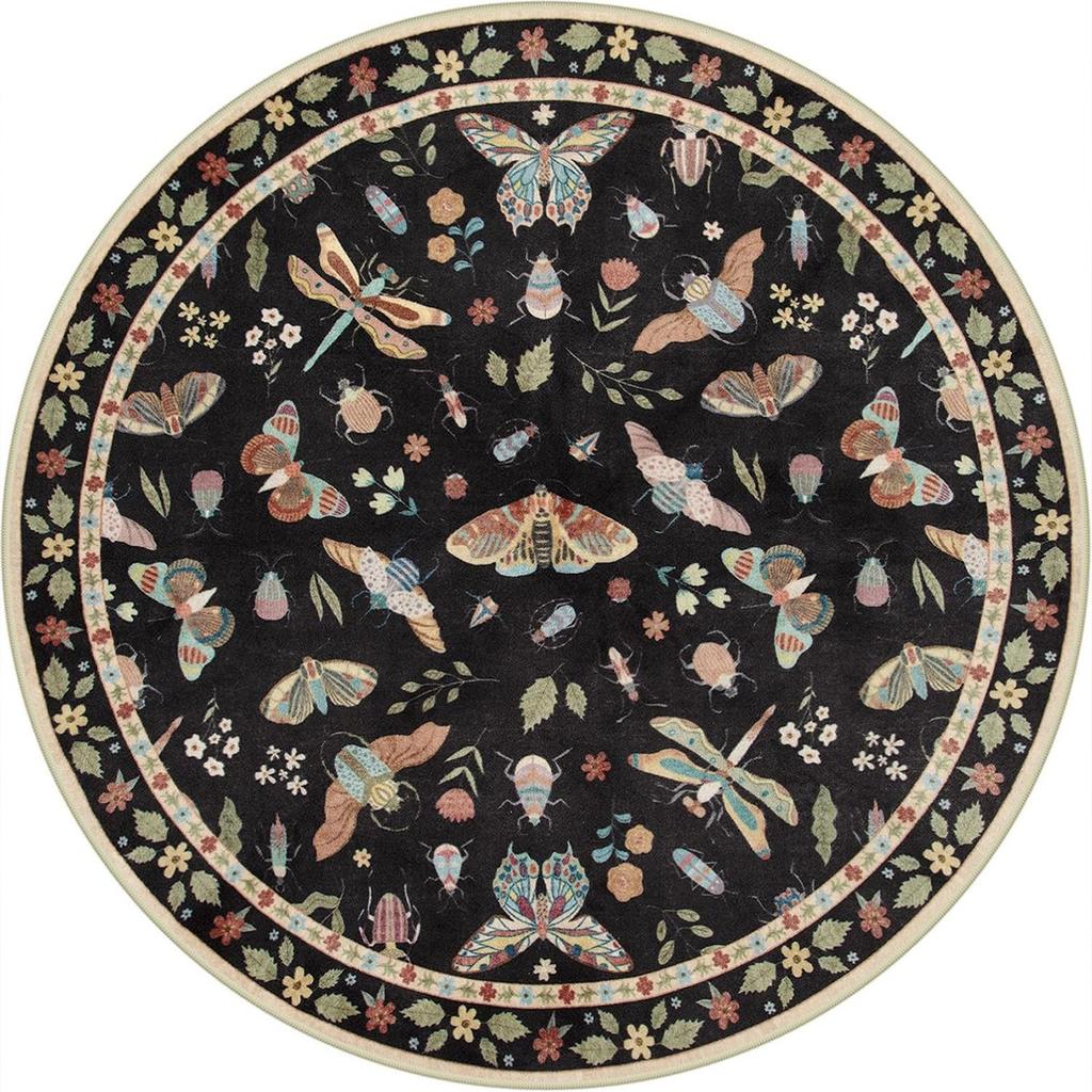 Round Insect & Floral Carpet - Vibrant Butterfly/Dragonfly/Moth Motif, Black  Boho Rug for Living Room, Artistic Nature Decor
