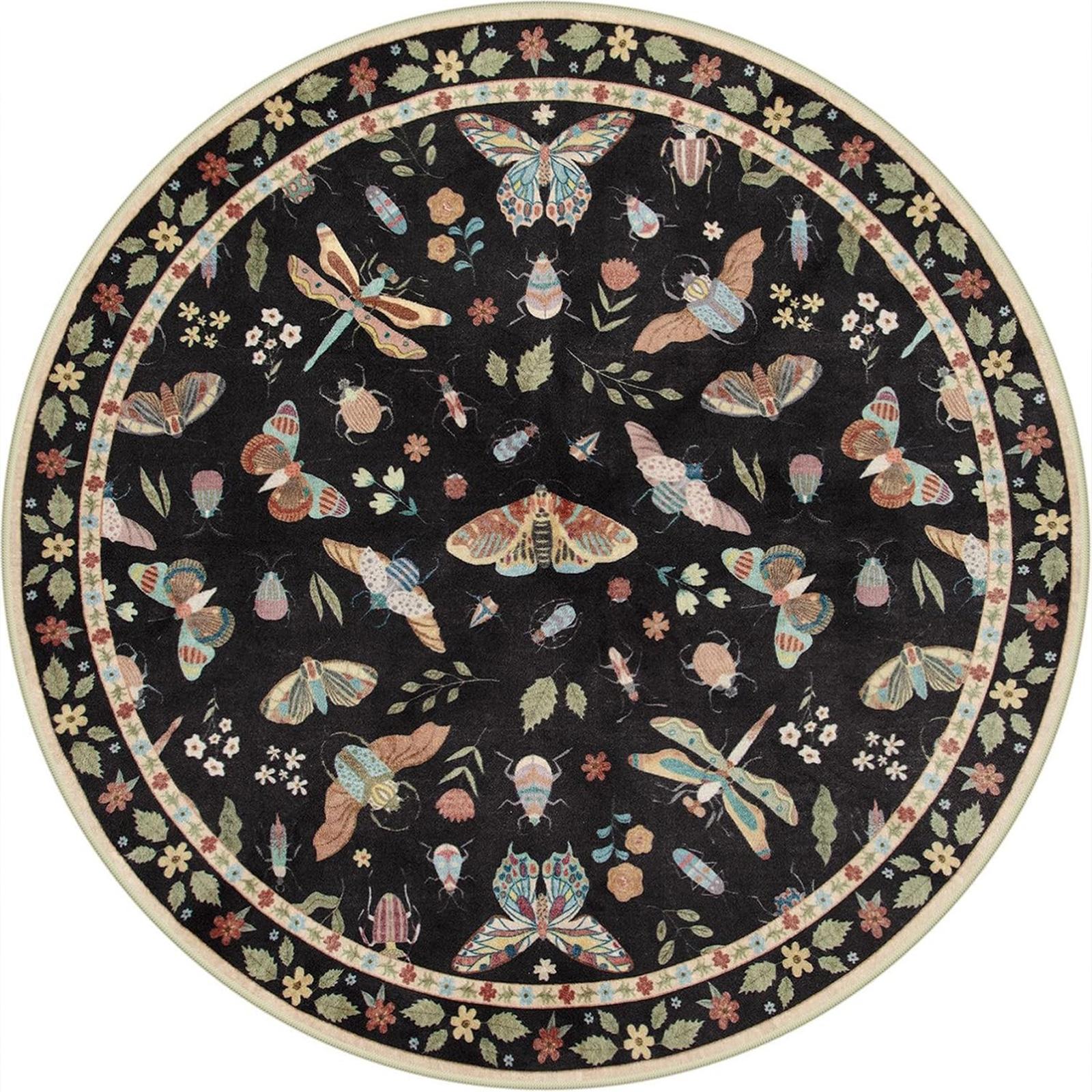 

Round Insect & Floral Carpet - Vibrant Butterfly/Dragonfly/Moth Motif, Black Boho Rug for Living Room, Artistic Nature Decor 80cm