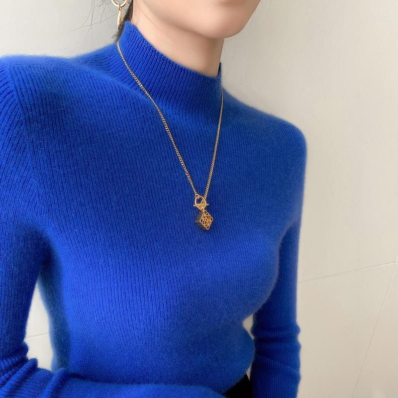 Women's Cashmere Wool Slim-Fit Knit Top - Half-High Neck, Seamless, Autumn/Winter Versatile Sweater