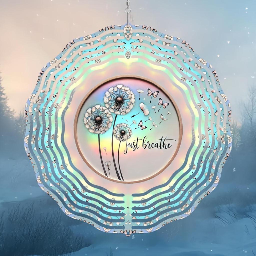 10 Inch 2D Kinetic Metal Wind Spinner Rainbow Iridescent Dandelion Design 360 Rotating Hook for Indoor Outdoor Garden Decor Gift for Women Men
