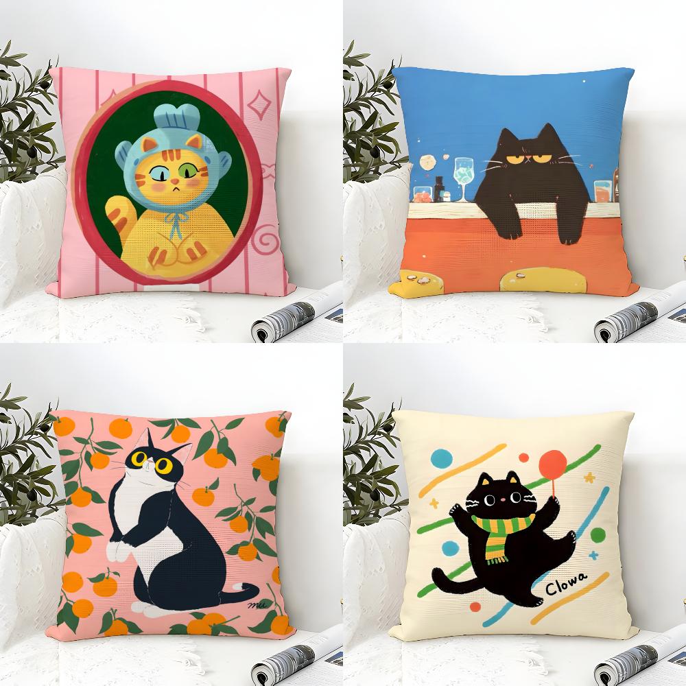 2 Cute Cat Illustrations Pillow Case Home Living Room Decoration Linen Pillowcover Pillow Cases Cushion Cover