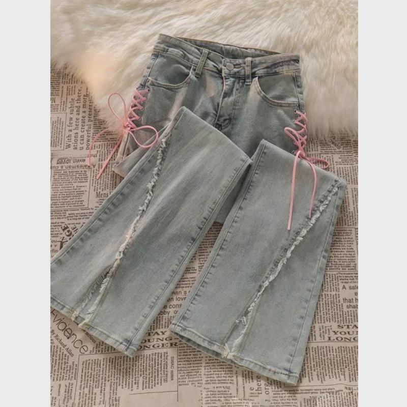 Women's Summer Flared Jeans with Raw Edge, Slit Slim Design for Petite 150cm