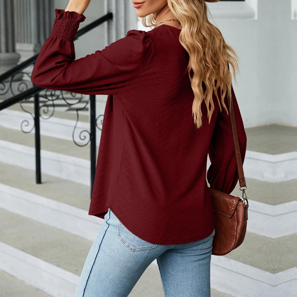 Women's Fashion Square Neck Color Pleated Long Sleeve Tuxedo Shirt Top