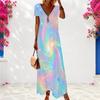 Women Plus Size V Neck Short Sleeve Black Dots Printed Long Dress