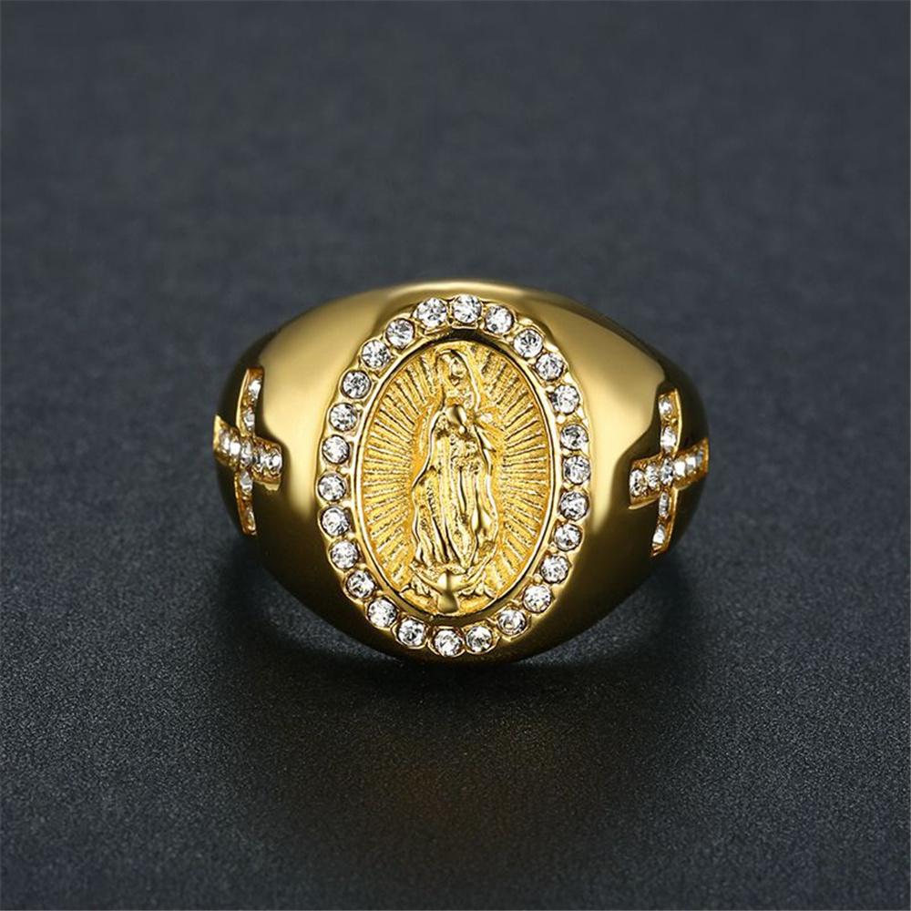 Religious Gold Color Virgin Mary Rings for Women Men Stainless Steel Iced Out CZ Ring Hip Hop Christian Jewelry Dropshipping