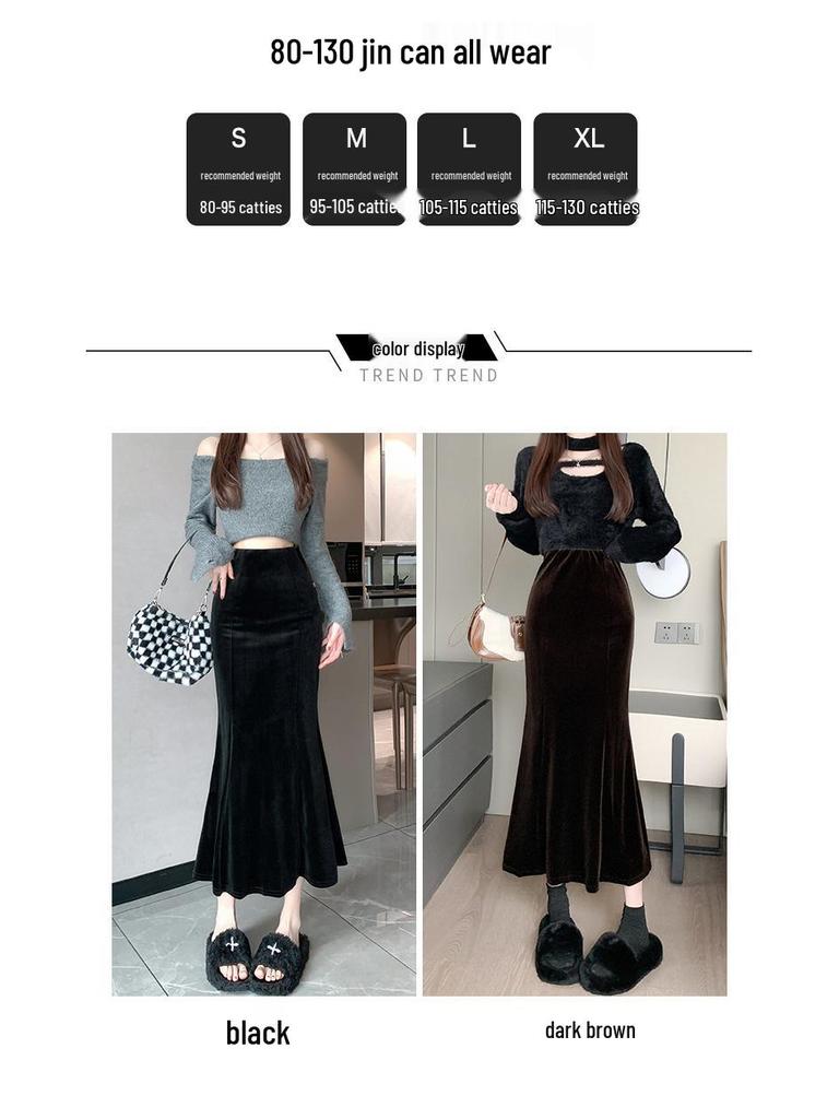 Women's Black Velvet Fishtail Pencil Skirt - High Waist, Slimming, Mid-Length, Pleated, Autumn/Winter.