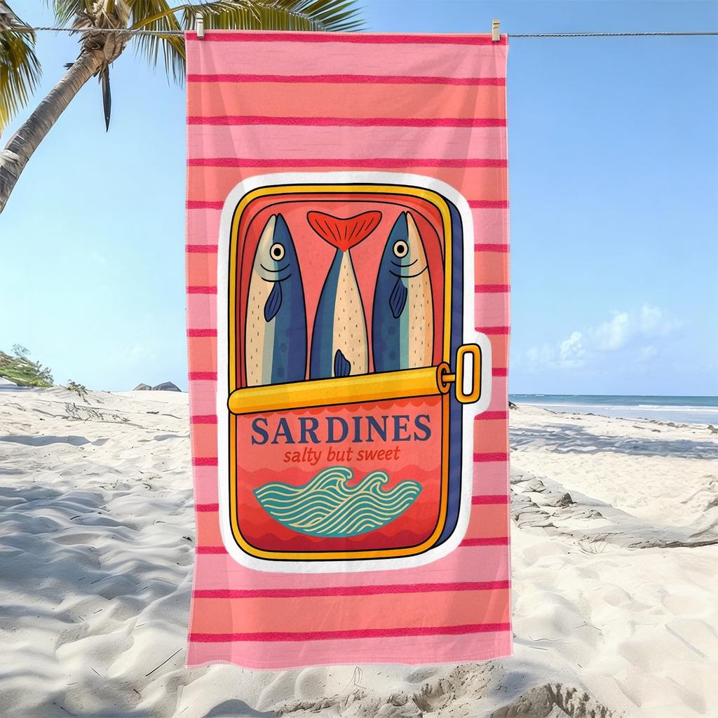 Vintage Sardinen Strandtuch Retro Fischkonserve Design Schnelltrocknend Mikrofaser Großes Sandfestes Handtuch für Sommer Schwimmbad Urlaub