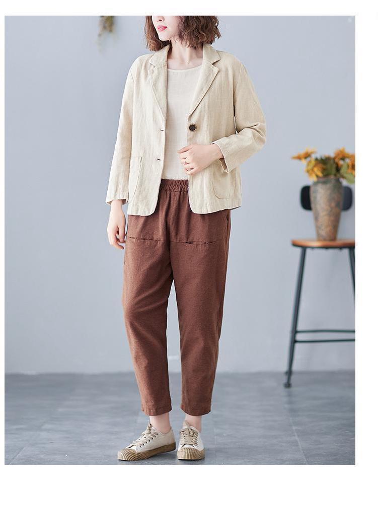 Women's 2024 Spring/Autumn Cotton-Linen Loose Casual Blazer - Plus Size, Long Sleeve, Short Jacket
