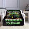 1Pc Customizable Green Monster Truck Blanket  "Just  Who Loves Trucks" Design Cozy Flannel Throw For Sofa Bed Travel