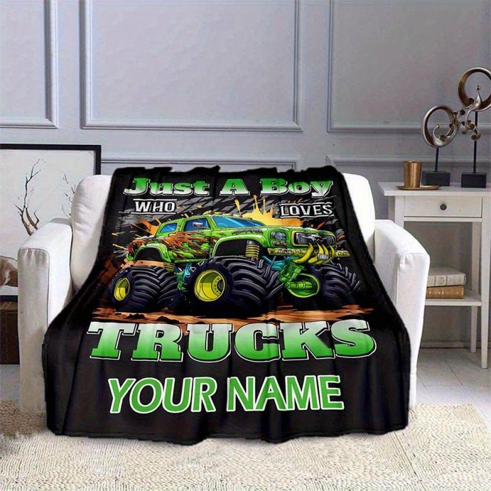 1Pc Customizable Green Monster Truck Blanket "Just Who Loves Trucks" Design Cozy Flannel Throw For Sofa Bed Travel