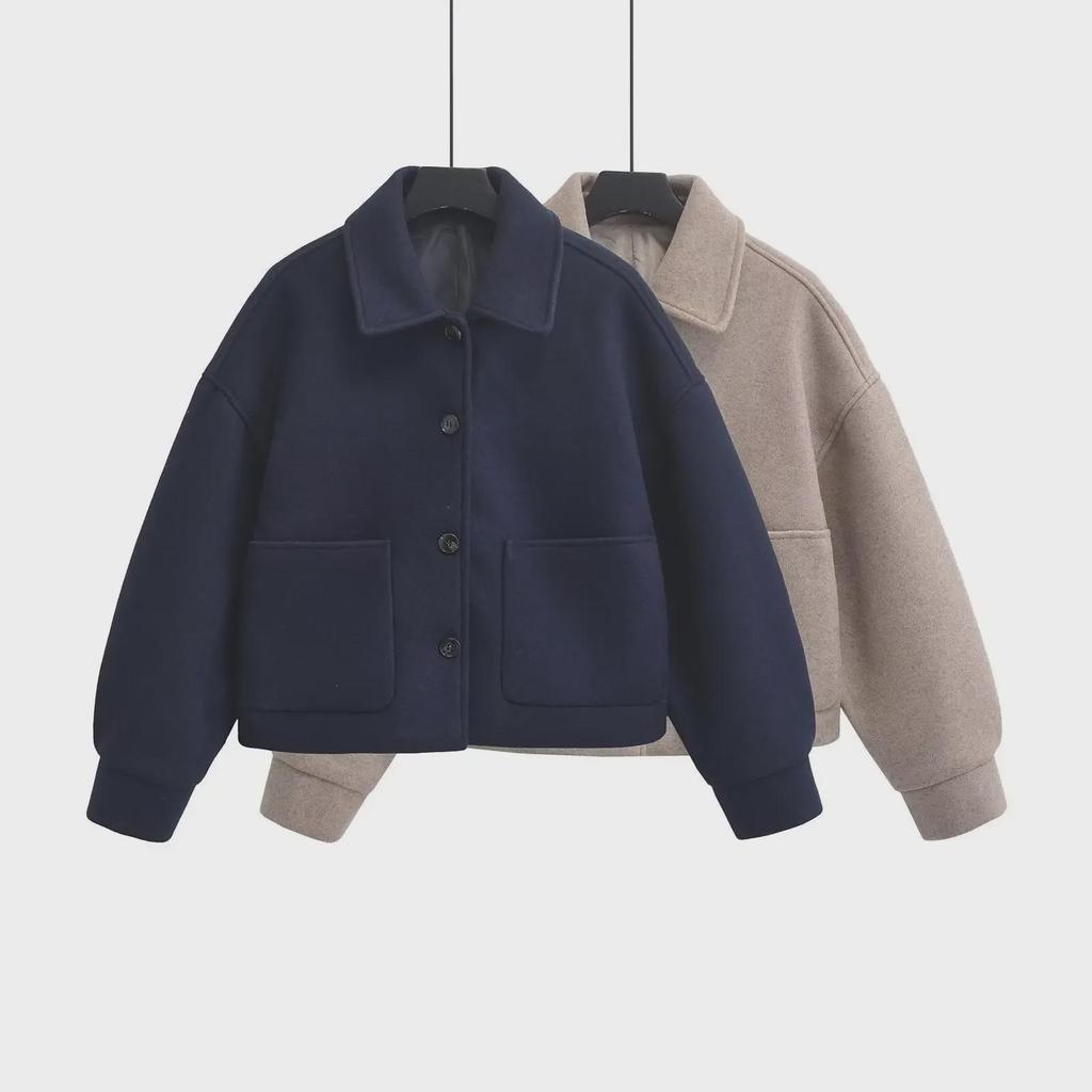 European and American Style Women's Woolen Lapel Coat - Single-Breasted Design 755241