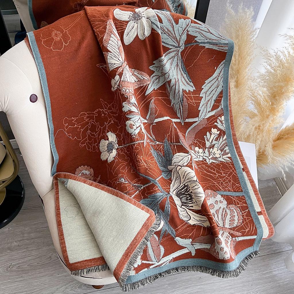 Autumn Plants And Flowers Imitation Cashmere Jacquard Scarf Women'S Simple And Versatile Thickened Warm Scarf Shawl