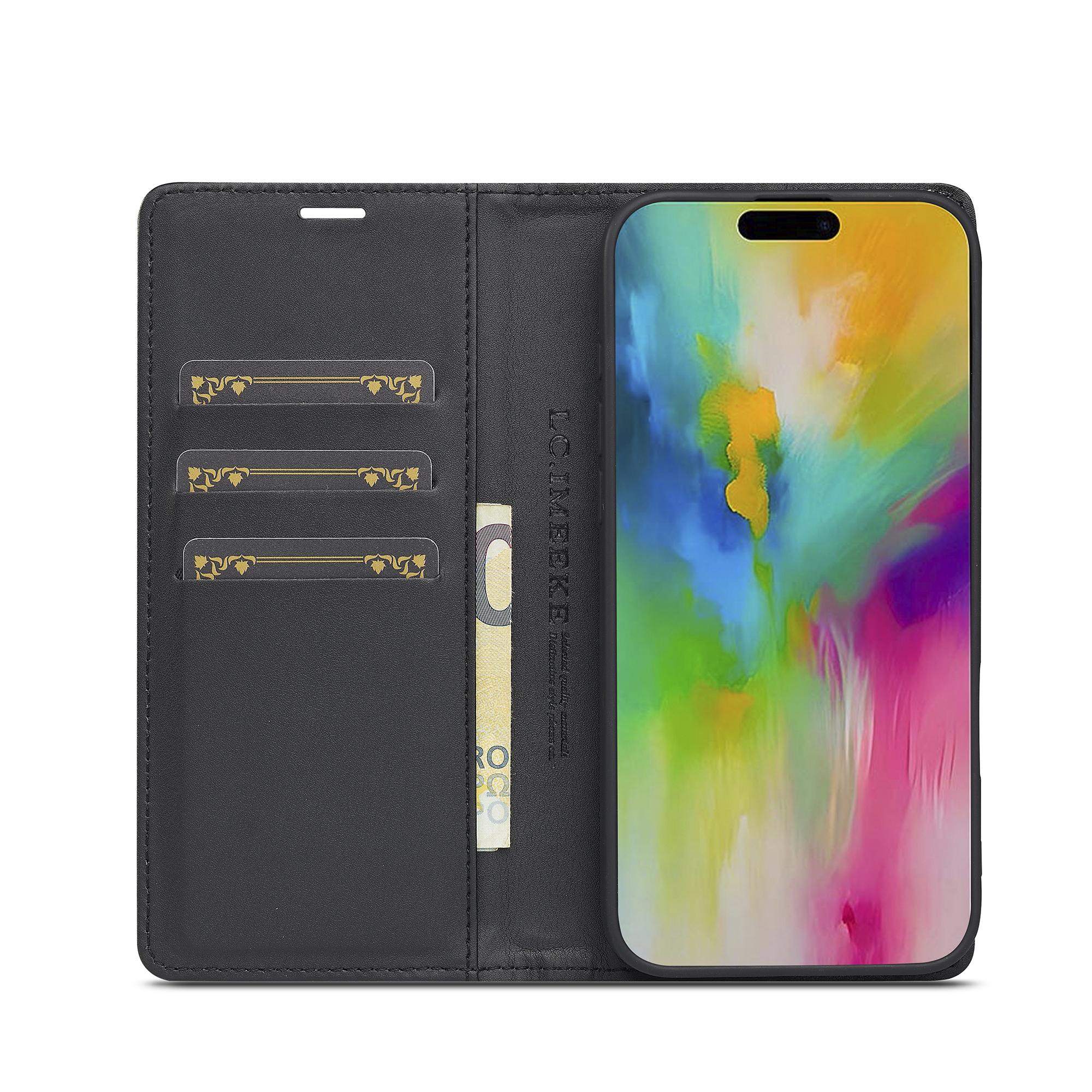 

LC.IMEEKE For iPhone 16 Plus Case Carbon Fiber Texture Phone Cover Stand Card Holder Horizontal Stripe