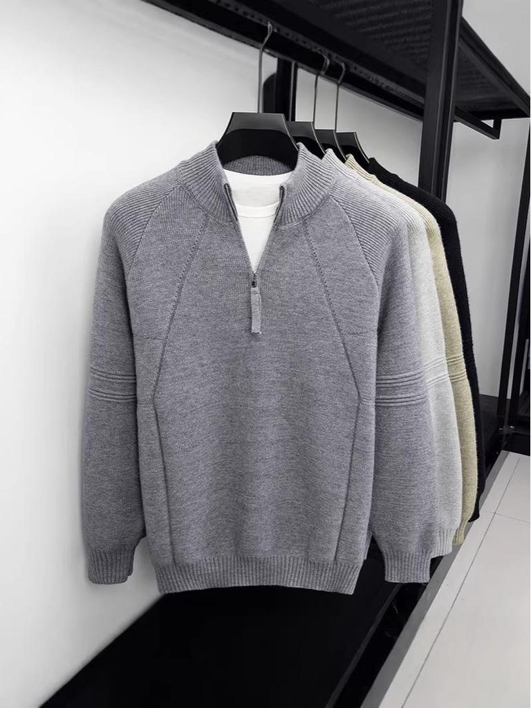 Men's Retro Jacquard Half-Zip Knit Sweater - Solid Color, Versatile, High Weight Layer for Autumn & Winter Casual Wear