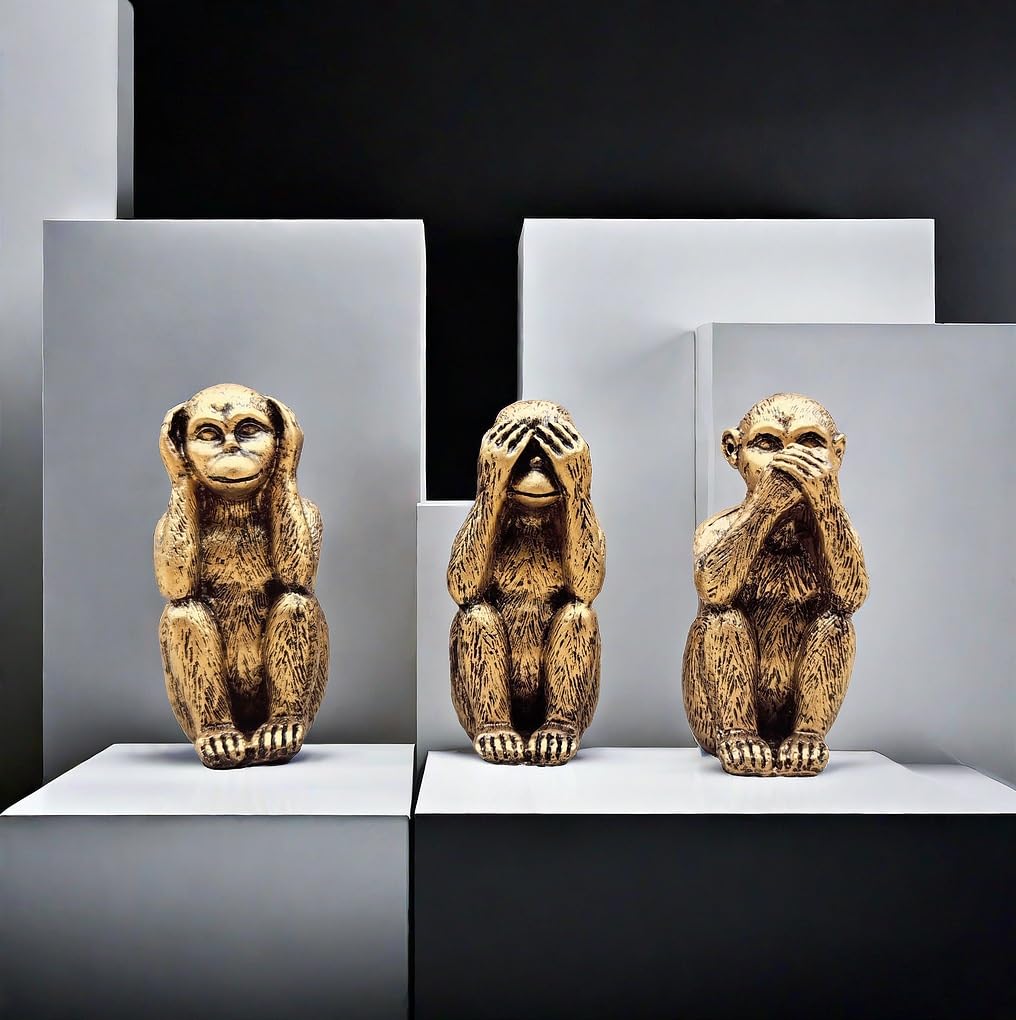 Three See No Hear No Speak No Cute Pose Set of 3 Monkeys Evil, Evil, Evil, Figures, (Gold)
