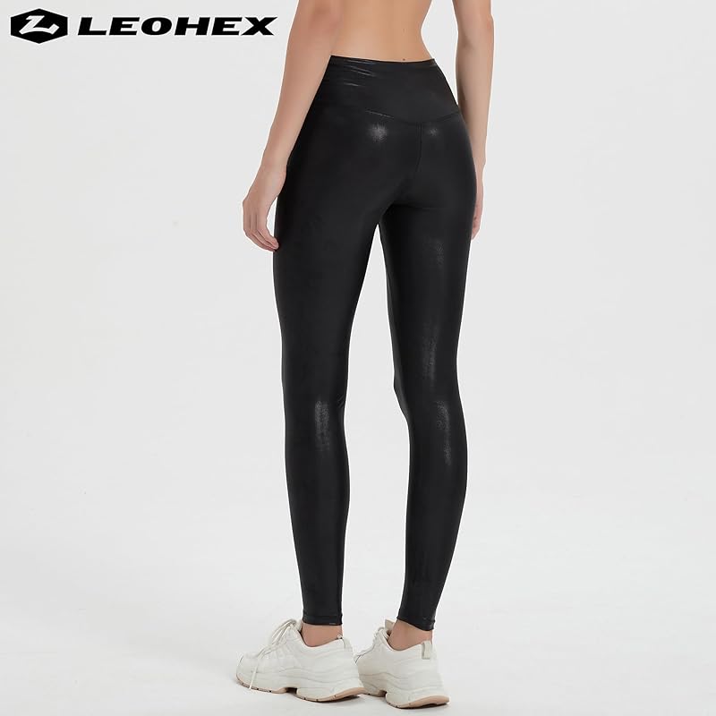 [LEOHEX] Ladies Stretch Lycra Leggings Pants Sexy Luster High Waist Tights (black, L)