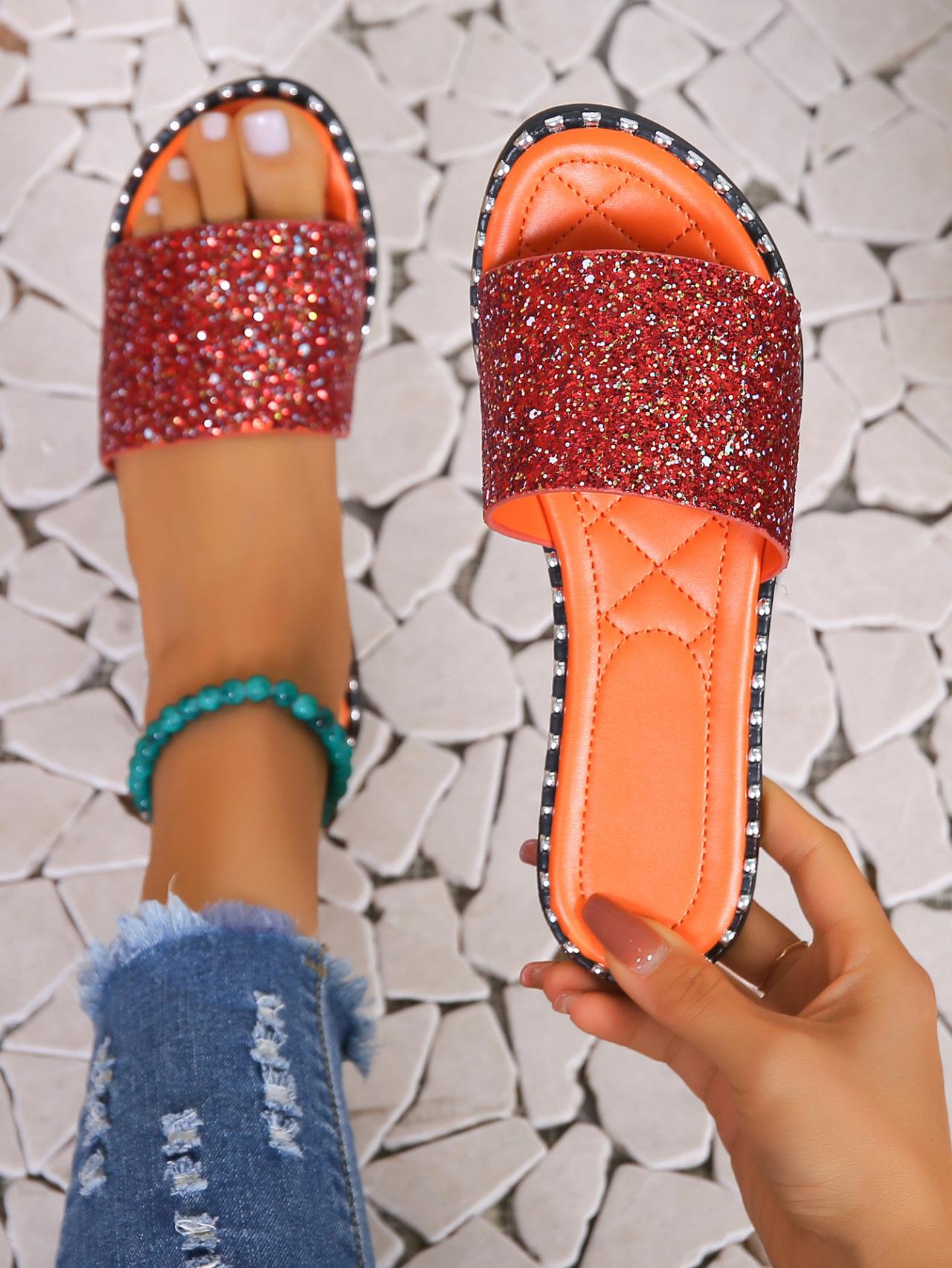 

European and American flat-bottomed Grit slippers Women s Slippers one-character African cool slippers Women s shoes 43 помаранчевий