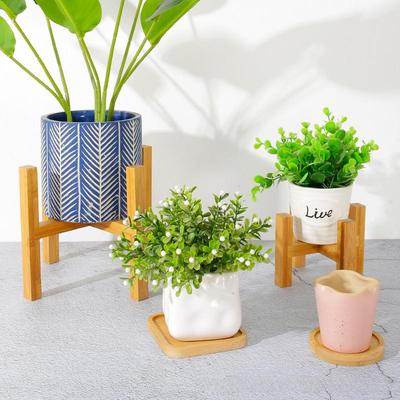 Wooden Four-Legged Floor-Standing Flower and Succulent Pot Stand with Bamboo Tray