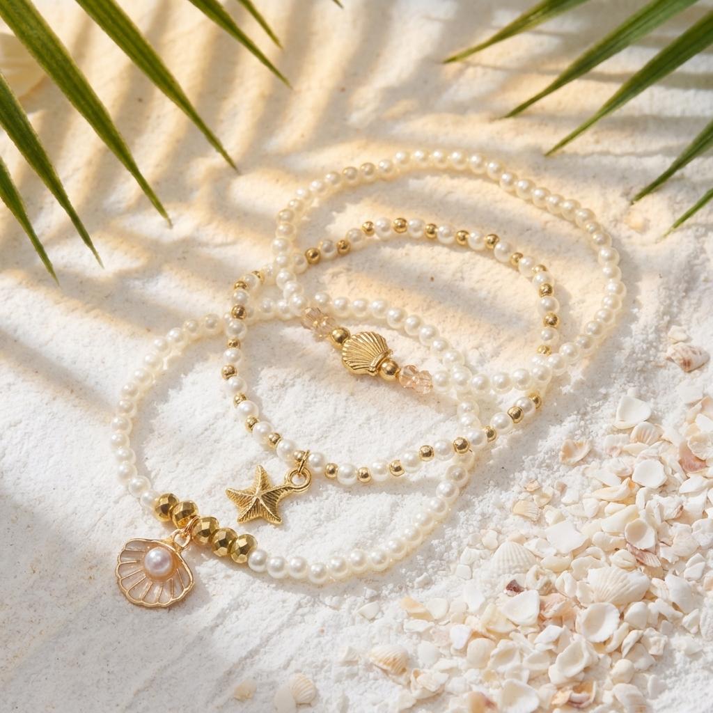 Bohemian Imitation Pearl Starfish Handmade Bracelets Set for Women Dainty Shell Braided Rope Chain Stackable Jewelry Gift